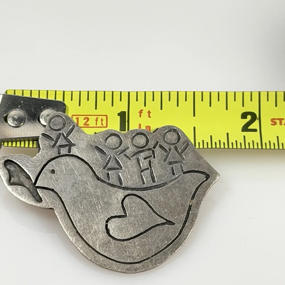Vintage Mexico Brooch Sterling Silver Dove Bird  Folk Art Children Heart Pin 7g